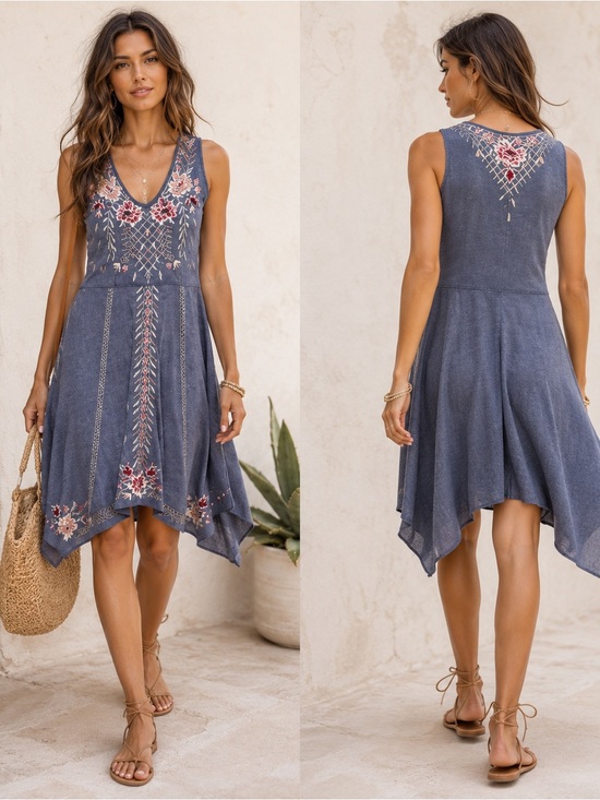 Johnny Was Dresses & Skirts - Johnny Was Katrina Embroidered Swing Dress Small Floral Handkerchief Hem Boho